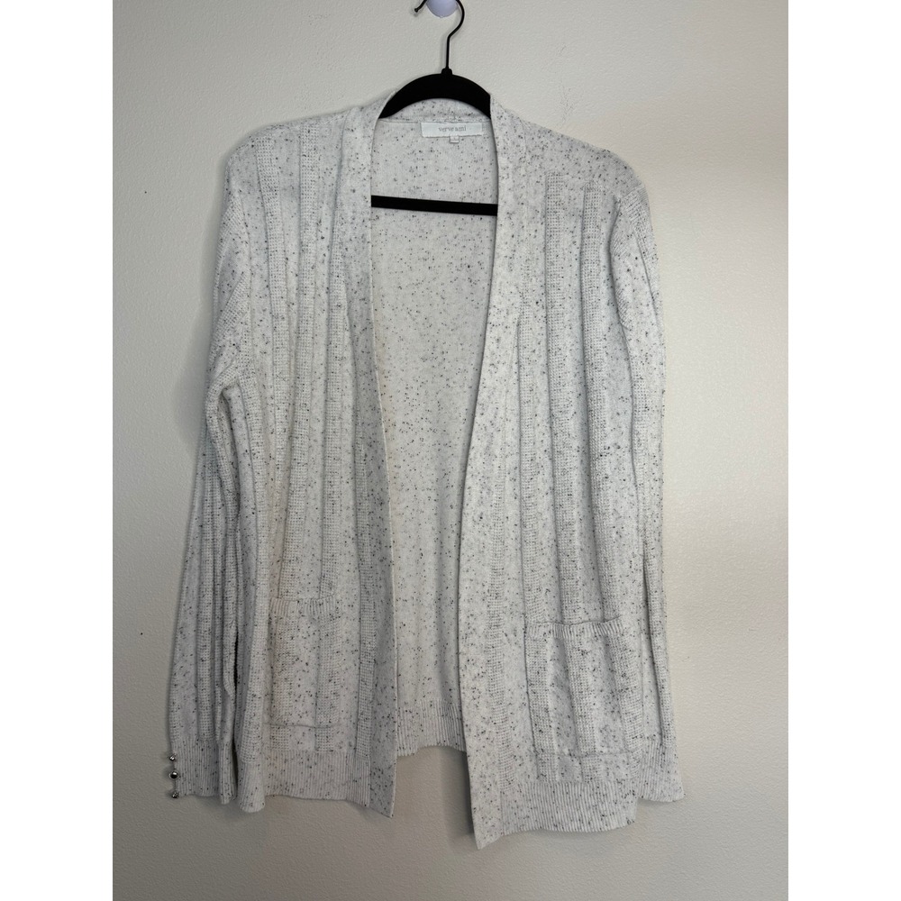 Verve Ami Women's Large Gray Black Speckled Open‎ Front Cardigan Button Cuff